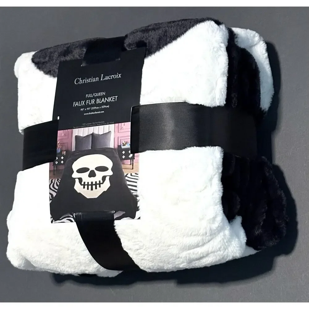Christian Lacroix Full / Queen Faux Fur Blanket Skull Skeleton Halloween Goth - Picture 6 of 13
